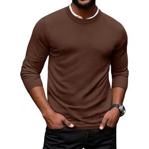 Coofandy Men Brown Crew Neck Pullover Long Sleeve Lightweight Dress Sweater
